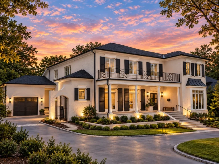 House Plans with Spacious Laundry Room 5 Front elevation of a Georgian Colonial style home featuring a full brick exterior, classical columns, symmetrical windows, and a two-story covered porch