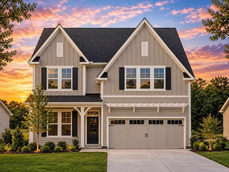 Front elevation of a New American modern farmhouse style home with board and batten siding, stone accents, gabled rooflines, and attached two-car garage