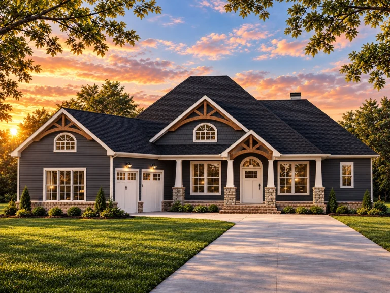 Top Designer-Approved House Plans 23 Front elevation of a New American style home with stone veneer, horizontal siding, arched entry, and classic Craftsman detailing