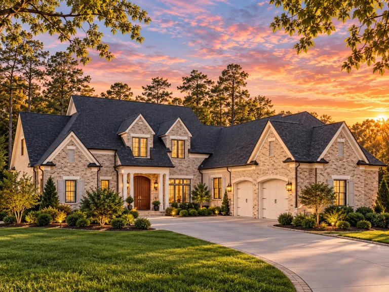 Front elevation of French Country style home with brick and stone exterior, steep gables, shutters, and arched wood entry door