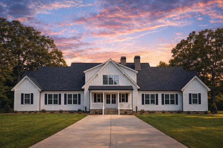 Front elevation of a New American style ranch home with horizontal siding, board and batten gables, stone porch columns, and symmetrical design
