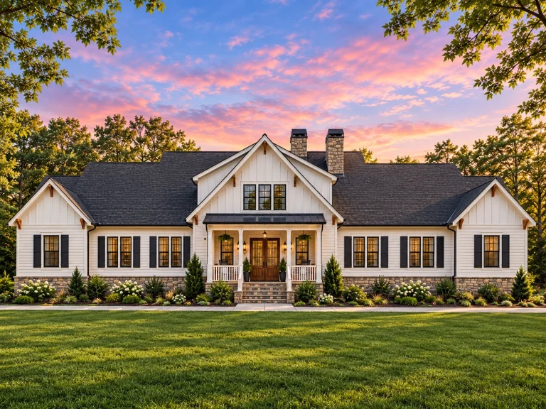 Modern Suburban House Plans 12 Front elevation of a New American style ranch home with horizontal siding, board and batten gables, stone porch columns, and symmetrical design