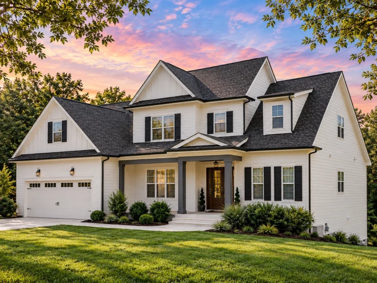 Modern Suburban House Plans 12 Front elevation of a traditional brick Colonial-style home with symmetrical facade, gabled rooflines, shutters, and attached garage