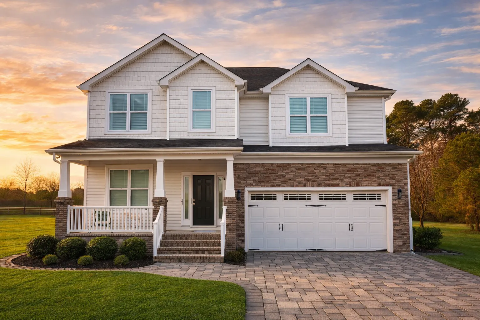 Front elevation of a New American Traditional Suburban house featuring horizontal siding, stone veneer, brick accents, covered porch, and attached two-car garage