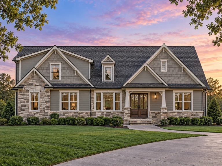 Front elevation of New American Craftsman style house with board and batten siding, stone exterior accents, gabled rooflines, and symmetrical traditional design