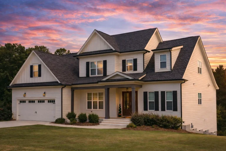 Front elevation of a traditional brick Colonial-style home with symmetrical facade, gabled rooflines, shutters, and attached garage