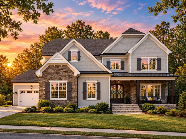 Front exterior of a New American Modern Traditional house with stone accents, horizontal siding, gabled rooflines, and three-car garage