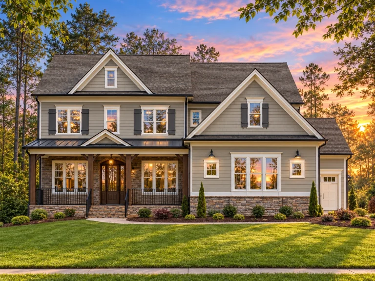 Conventional House Plans 22 Front exterior view of a Traditional Colonial style home with horizontal lap siding, brick porch columns, symmetrical windows, and gabled rooflines
