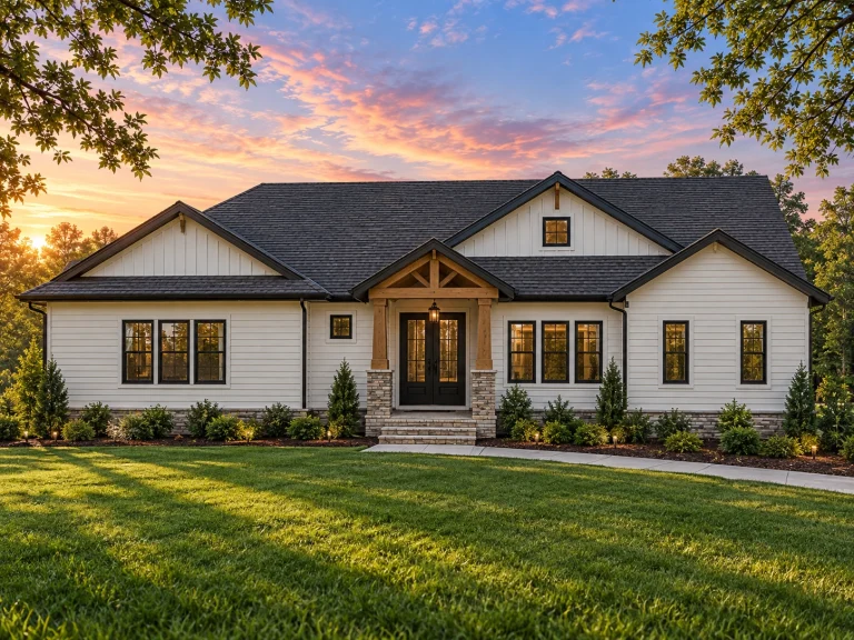 Front elevation of a modern farmhouse ranch house with horizontal siding, board and batten gables, stone porch columns, and a welcoming covered entry