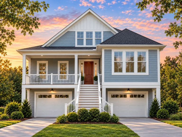 Front elevation of a Coastal Low Country style home with raised foundation, horizontal siding, covered porch, and dual garages
