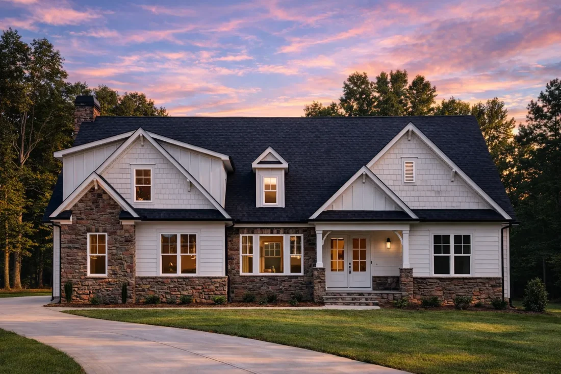 Front elevation of New American Craftsman style house with board and batten siding, stone exterior accents, gabled rooflines, and symmetrical traditional design