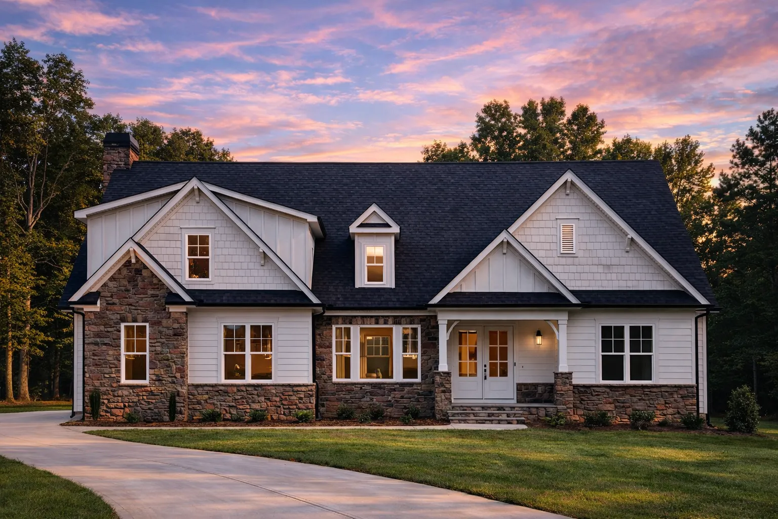 Front elevation of New American Craftsman style house with board and batten siding, stone exterior accents, gabled rooflines, and symmetrical traditional design