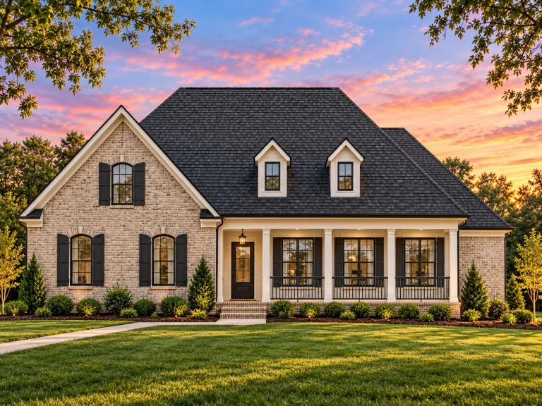 Front view of a Traditional Ranch style house with Colonial influence, featuring a full brick exterior and inviting front porch.