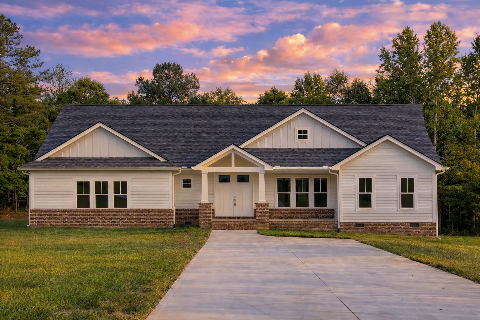 Front elevation of a modern farmhouse ranch house with horizontal siding, board and batten gables, stone porch columns, and a welcoming covered entry
