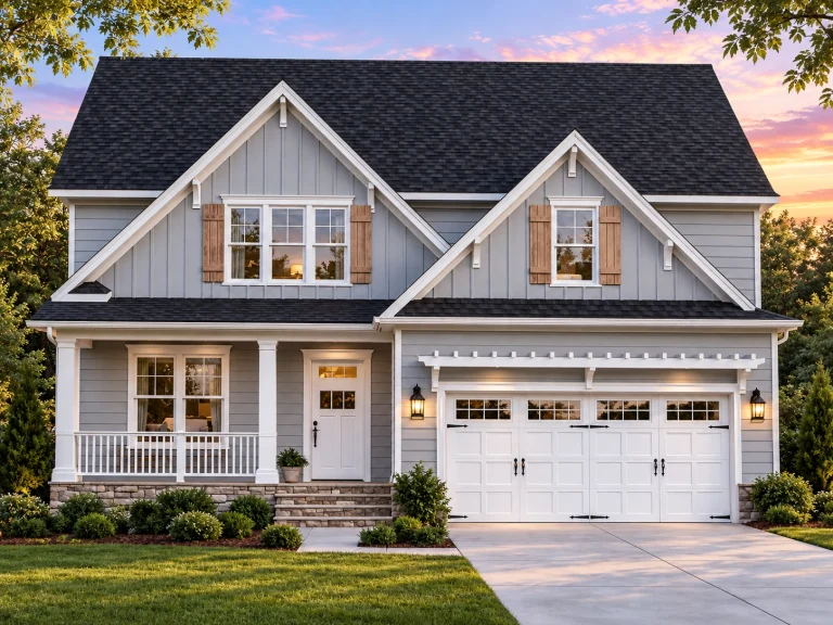 House Plans with Fireplace 24 Front elevation of a Modern Farmhouse style home featuring board and batten siding, gabled rooflines, covered front porch, and attached two car garage