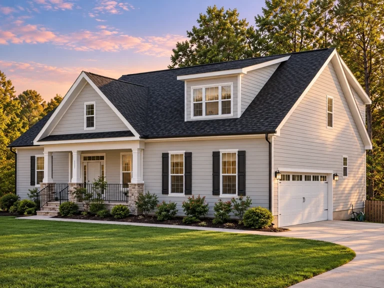 Front elevation of a Traditional Farmhouse style home featuring horizontal lap siding, brick foundation accents, and a welcoming covered porch