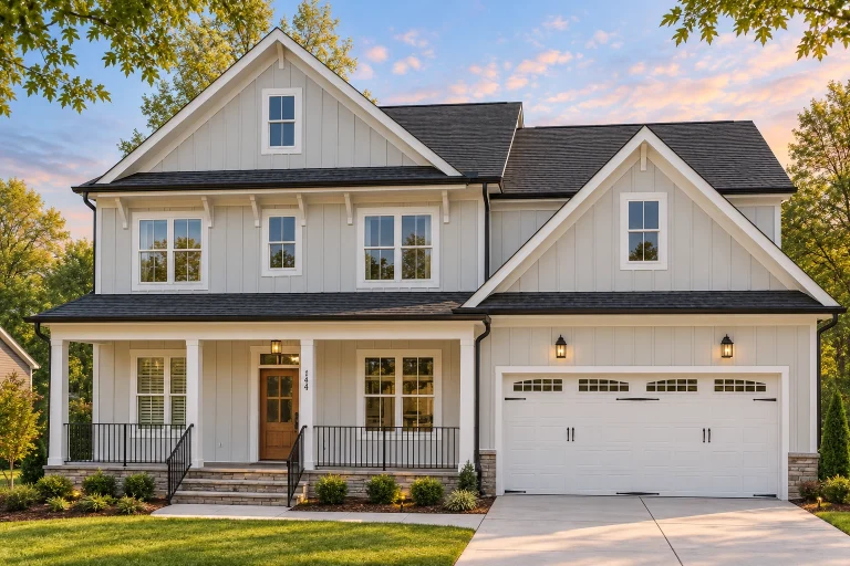 Ranch House Plans 13 Front elevation of New American Colonial Revival style home with horizontal siding, board-and-batten accents, and a welcoming covered porch