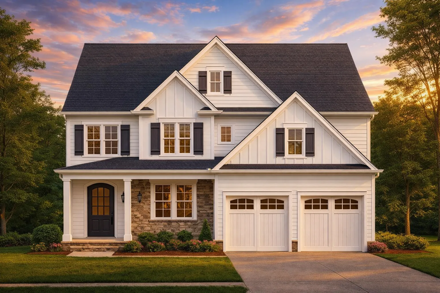 House Plans Online 29 Front elevation of a New American farmhouse style home featuring board and batten siding, gabled rooflines, black shutters, and a welcoming covered porch