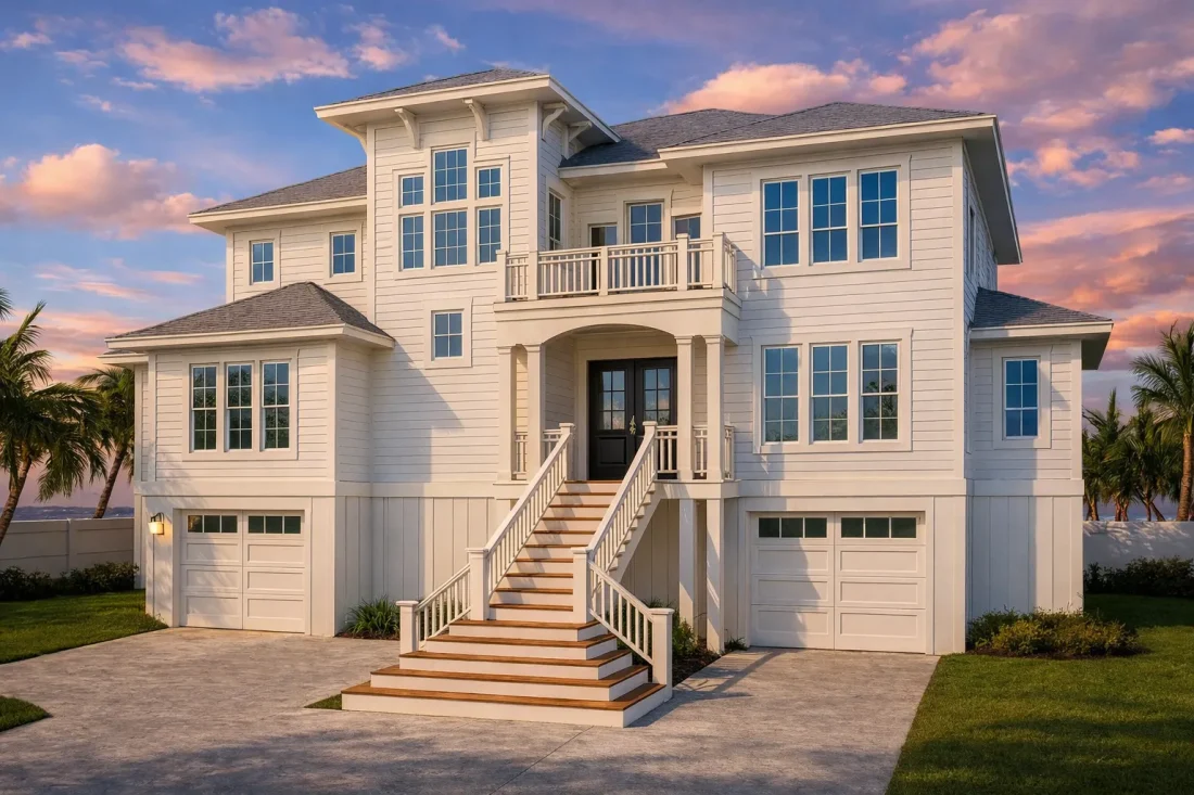 Front exterior view of an elevated Coastal Beach House with horizontal siding, board-and-batten accents, covered porches, balconies, and a raised foundation design