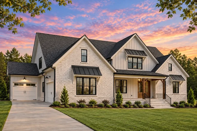 Front exterior of a Modern Farmhouse style home with painted brick, board and batten siding, gabled rooflines, and covered porch