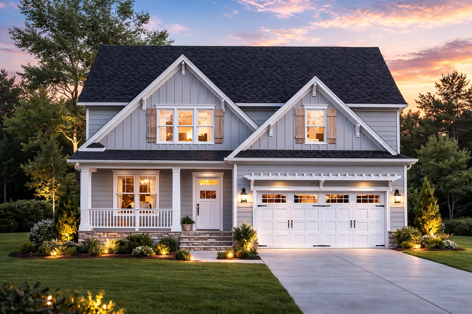 Front elevation of a Modern Farmhouse style home featuring board and batten siding, gabled rooflines, covered front porch, and attached two car garage