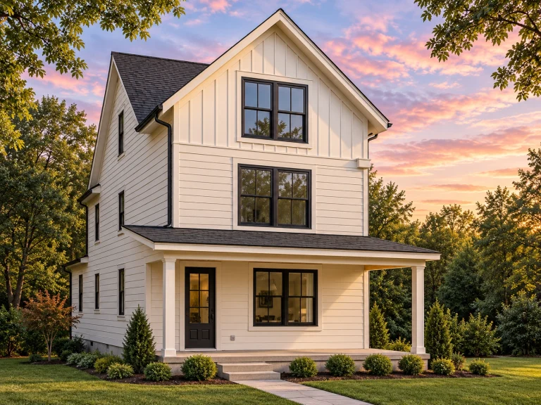 Front exterior of a modern farmhouse style narrow lot home with board and batten siding, covered porch, and simple gabled roof