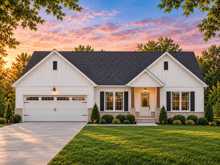 Contemporary House Plans 24 Front elevation of a Traditional Ranch Craftsman style home featuring stone accents, horizontal siding, and green shutters with a welcoming covered porch.