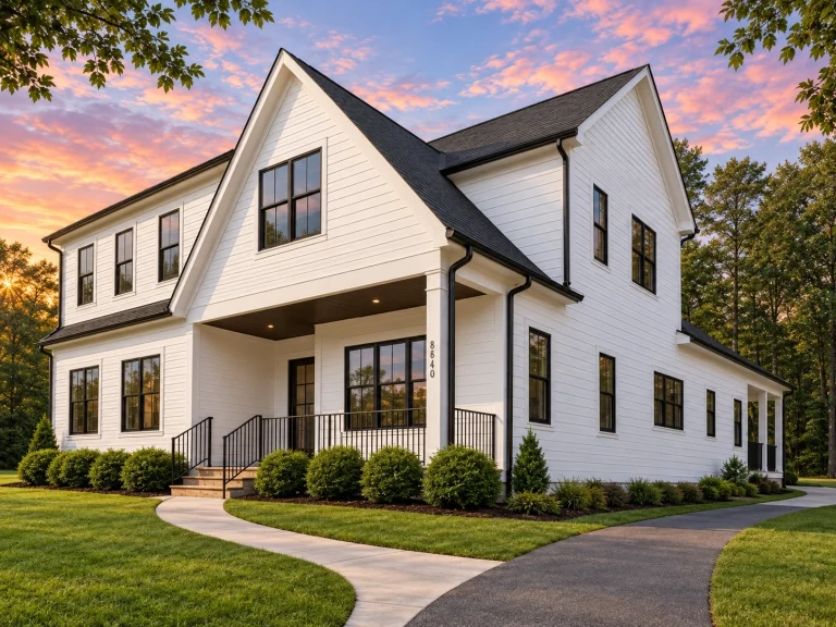 Front exterior view of a Modern Farmhouse style home featuring white horizontal siding, black windows, gabled rooflines, and a covered front porch
