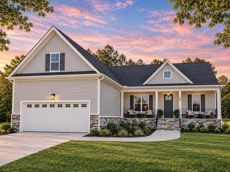 Front view of a Cape Cod Ranch style home with board and batten, horizontal siding, and stone accents featuring a green garage door and covered porch.