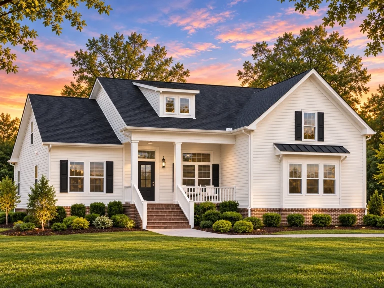 Front view of Traditional Colonial and Cape Cod style home with light siding, dormer window, and inviting covered porch entry