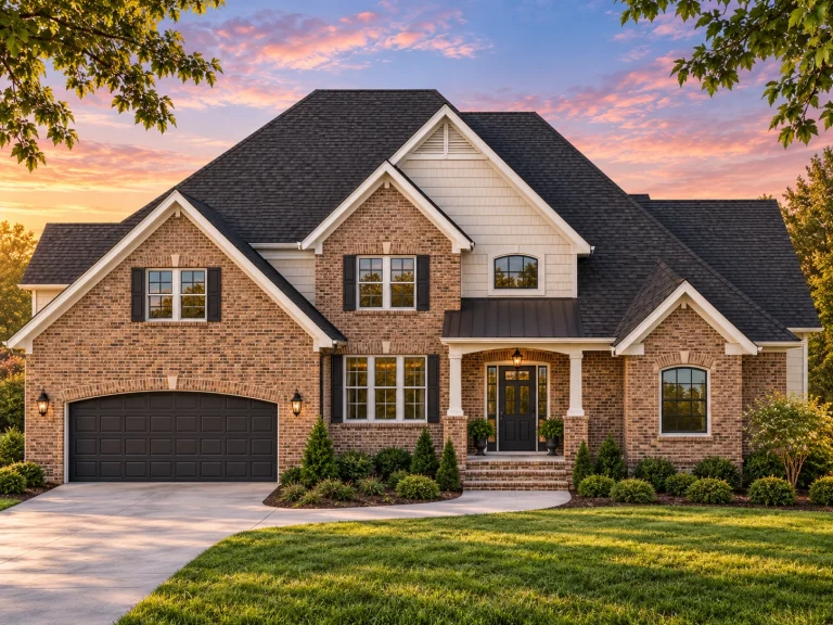 House Plans with Functional Layout 19 Front elevation of a Traditional New American style home featuring brick exterior, symmetrical windows, gabled rooflines, and attached garage