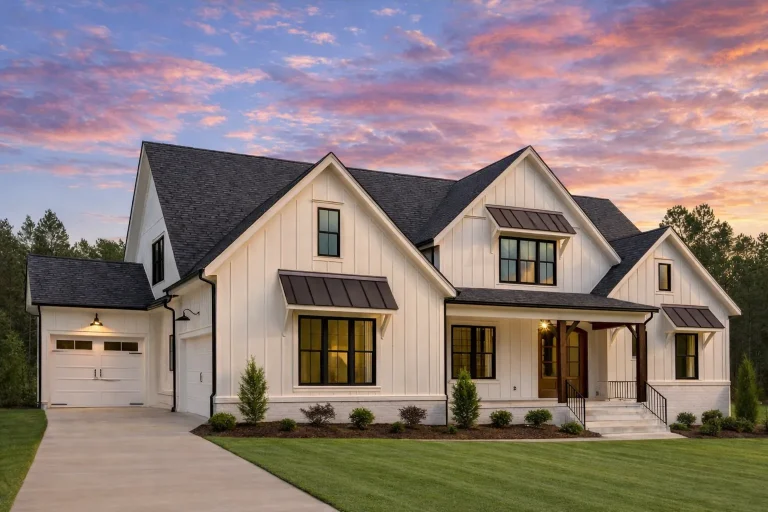 Front exterior of a Modern Farmhouse style home with painted brick, board and batten siding, gabled rooflines, and covered porch
