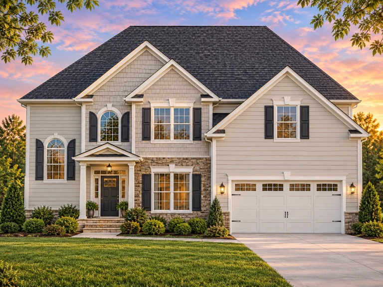 Front elevation of a New American traditional two-story house featuring horizontal siding, stone veneer accents, black shutters, and a front-entry garage