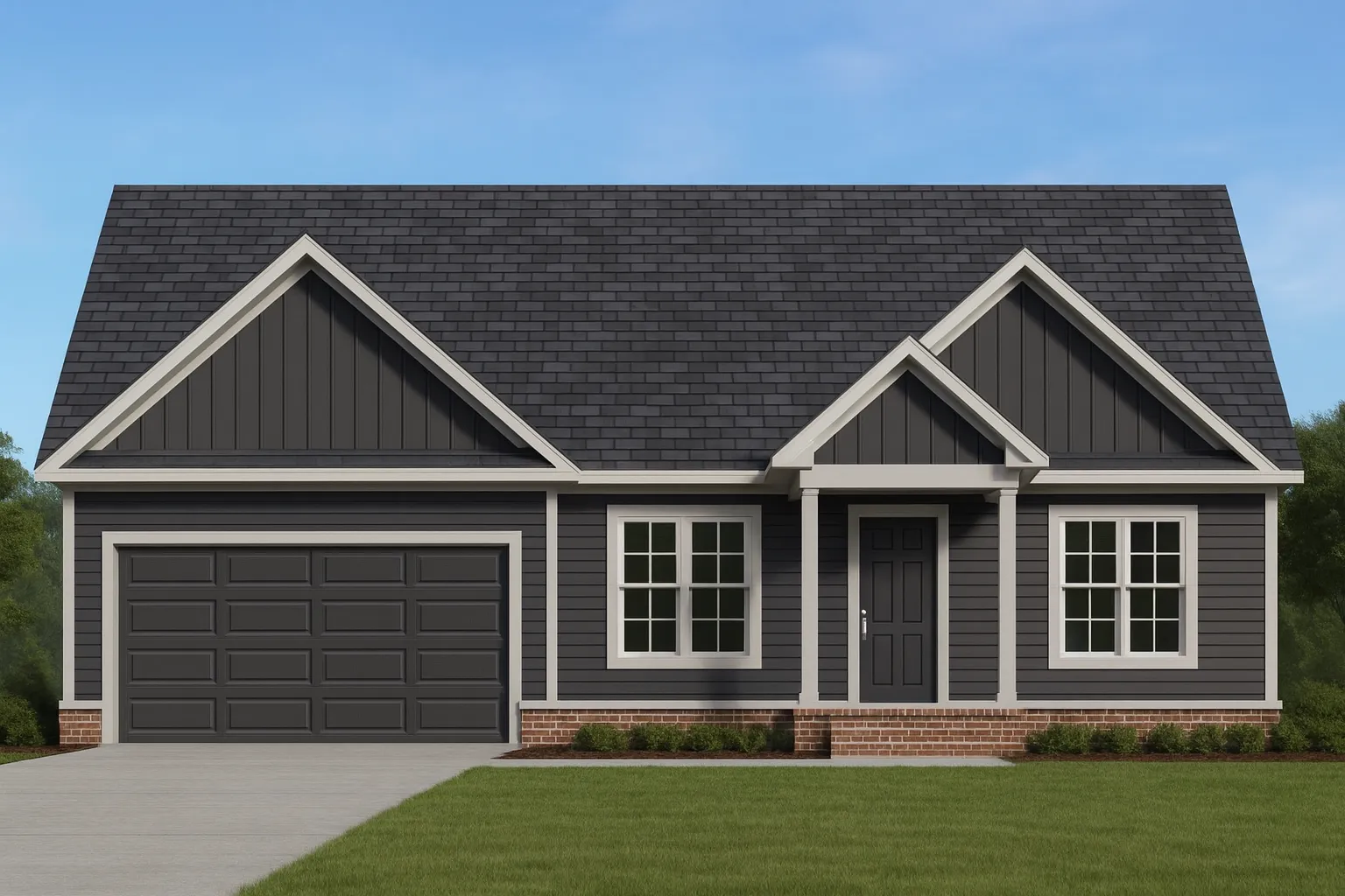Front elevation of a Traditional Ranch Craftsman style home featuring stone accents, horizontal siding, and green shutters with a welcoming covered porch.