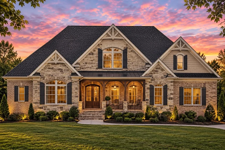 Front elevation of Traditional New American style home with brick and stone exterior, gabled rooflines, and covered front porch