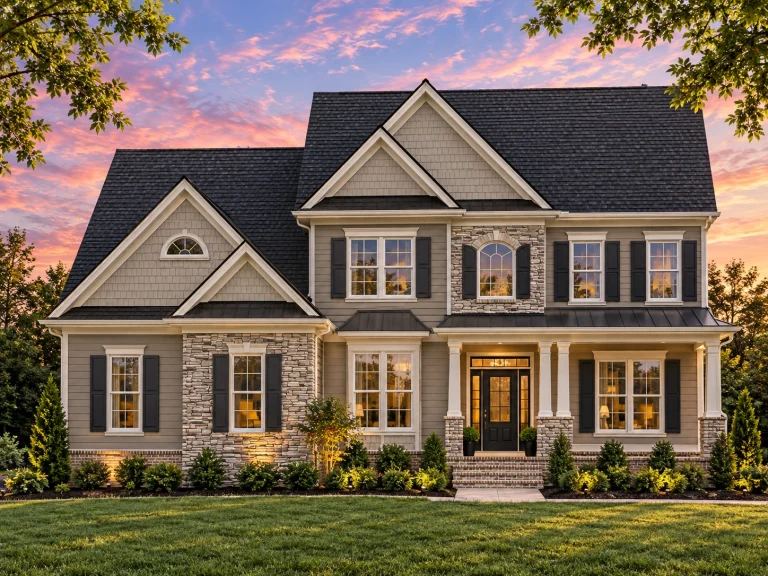 House Plans with Bedrooms on Upper Floor 4 Front elevation of a Traditional Colonial style home with red brick exterior, white trim, multi-pane windows, and classic shutters