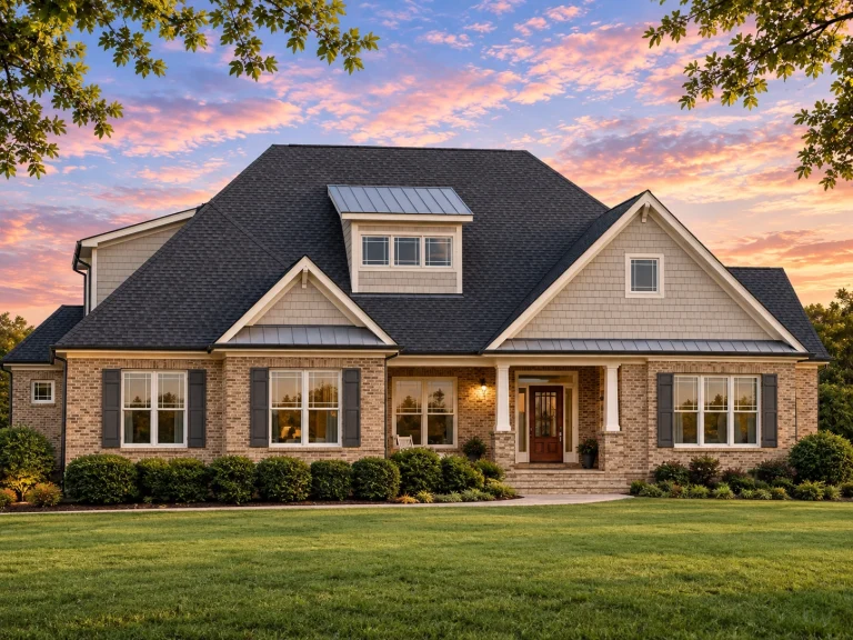3 Bedroom House Plans 14 Front elevation of a New American Traditional style house featuring horizontal siding, stone accents, symmetrical windows, and a welcoming covered entry