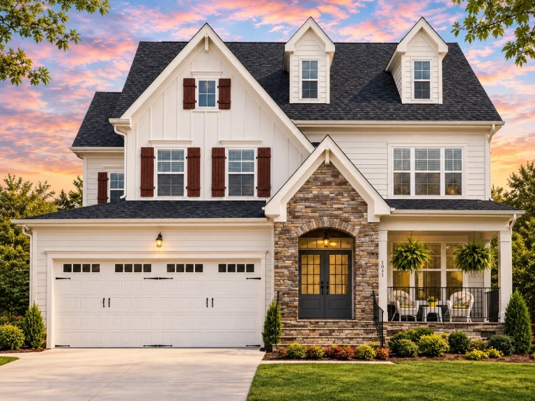 Front exterior view of a New American Colonial style home with horizontal siding, stone entry, symmetrical windows, and attached two-car garage