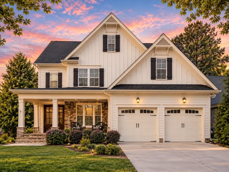 House Plans with Outdoor Kitchen 9 Front elevation of a New American farmhouse style home featuring board and batten siding, gabled rooflines, black shutters, and a welcoming covered porch