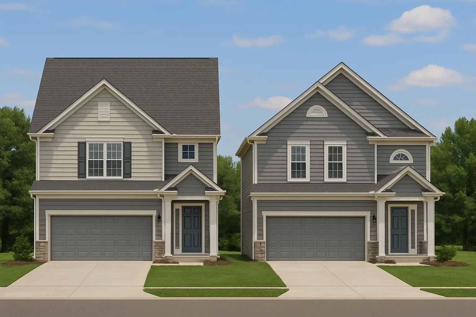 Front elevation of a Modern Farmhouse style home featuring white board and batten siding, black windows, and a stone-accented entryway with two-car garage.