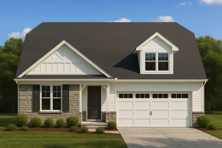 Front elevation of a Craftsman Cottage style home featuring board and batten, horizontal siding, stone accents, and a red garage door