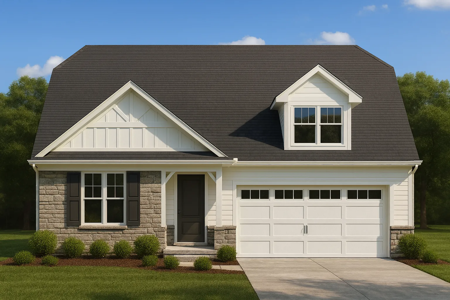 Front elevation of a Craftsman Cottage style home featuring board and batten, horizontal siding, stone accents, and a red garage door
