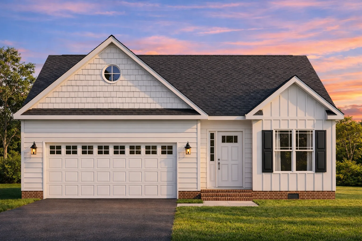 Front elevation of a Traditional Ranch Suburban home featuring brick wainscoting, horizontal siding, board-and-batten gables, and a clean, classic façade