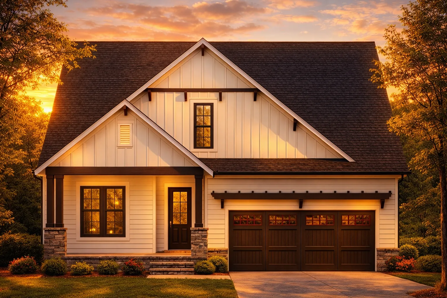 Front elevation of a modern farmhouse style home featuring board and batten siding, stone accents, gabled rooflines, and an attached two-car garage