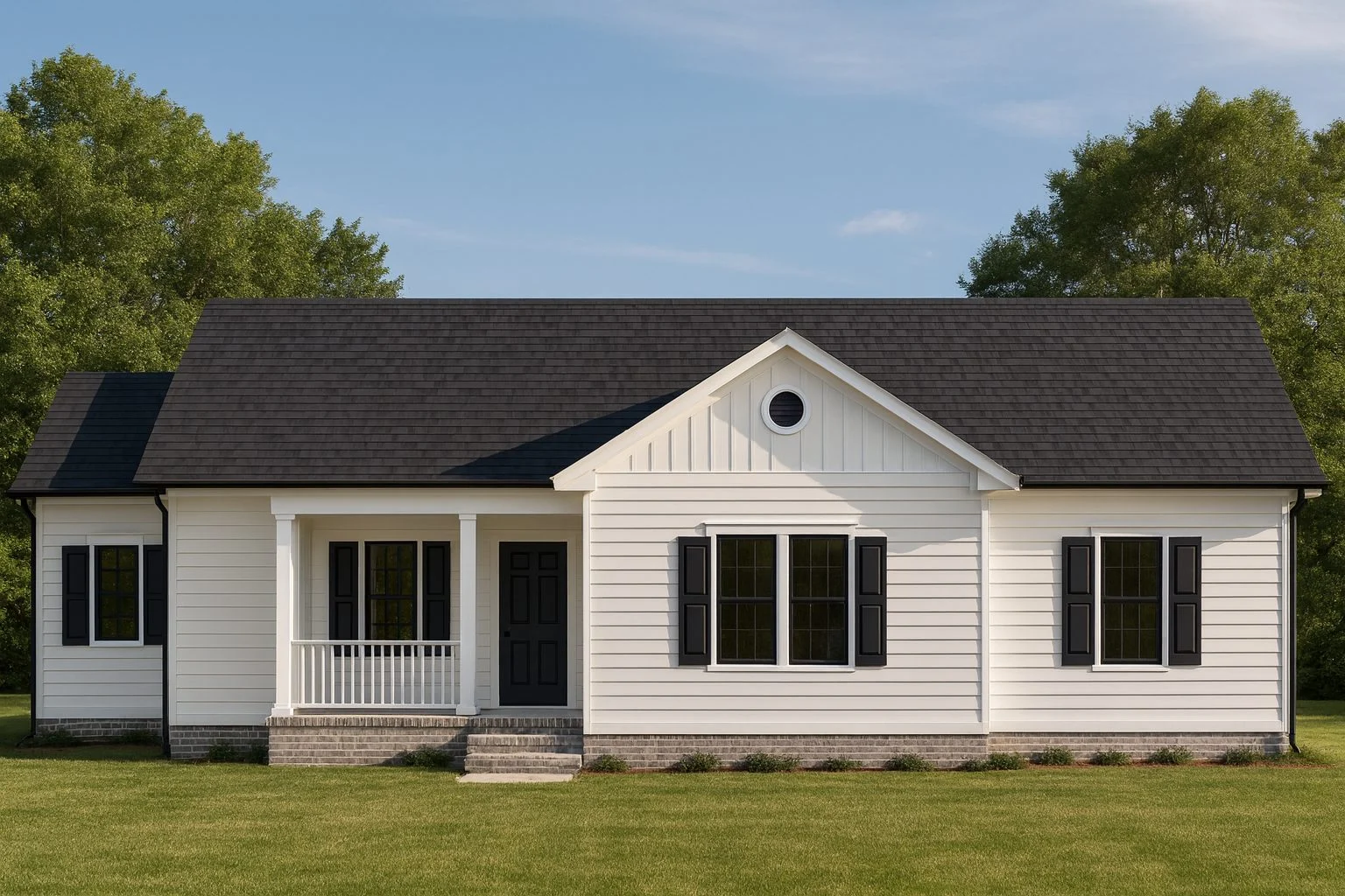 Front elevation of a Traditional Ranch style home with vinyl siding, brick foundation, symmetrical windows, and a welcoming covered porch