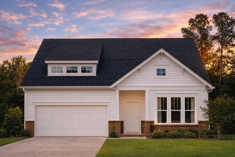 Front elevation of a Modern Farmhouse home with horizontal siding, board and batten accents, and stone exterior detailing