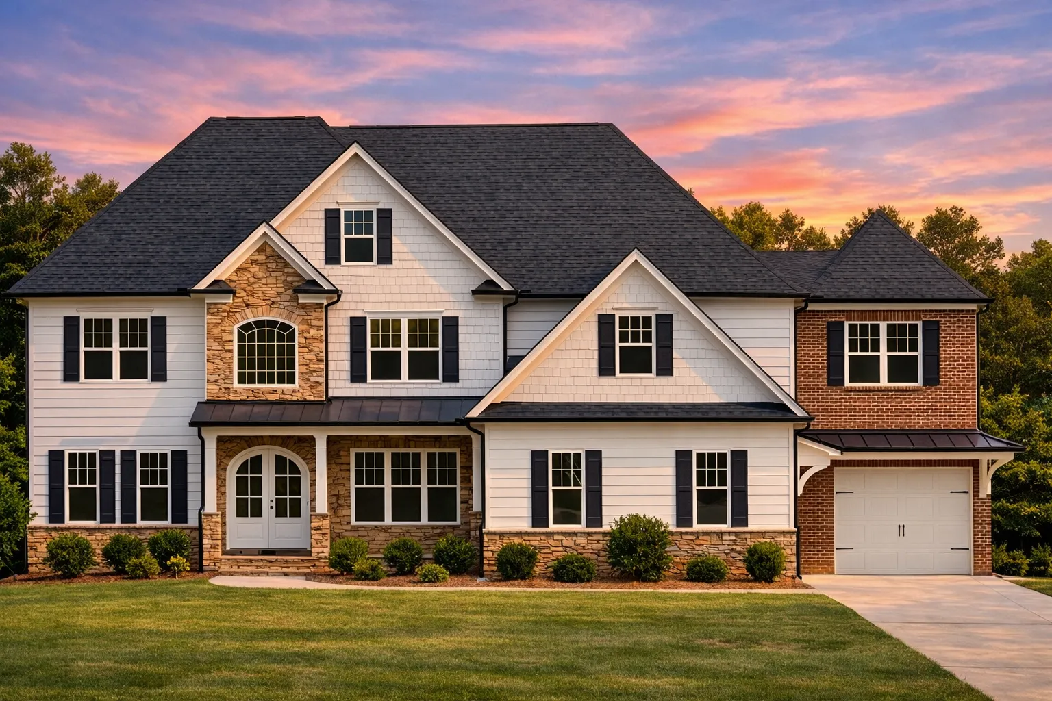 Front elevation of a New American Traditional Colonial style house featuring blue lap siding, white trim, symmetrical windows, and an attached garage