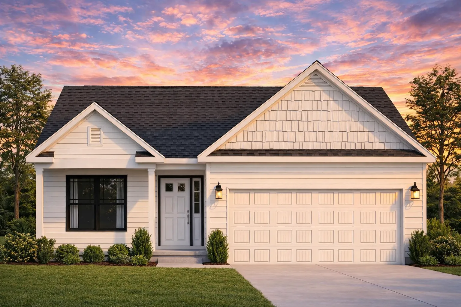 Front elevation of a Traditional Ranch style home with horizontal siding, shake gable siding, stone accents, and a two-car garage