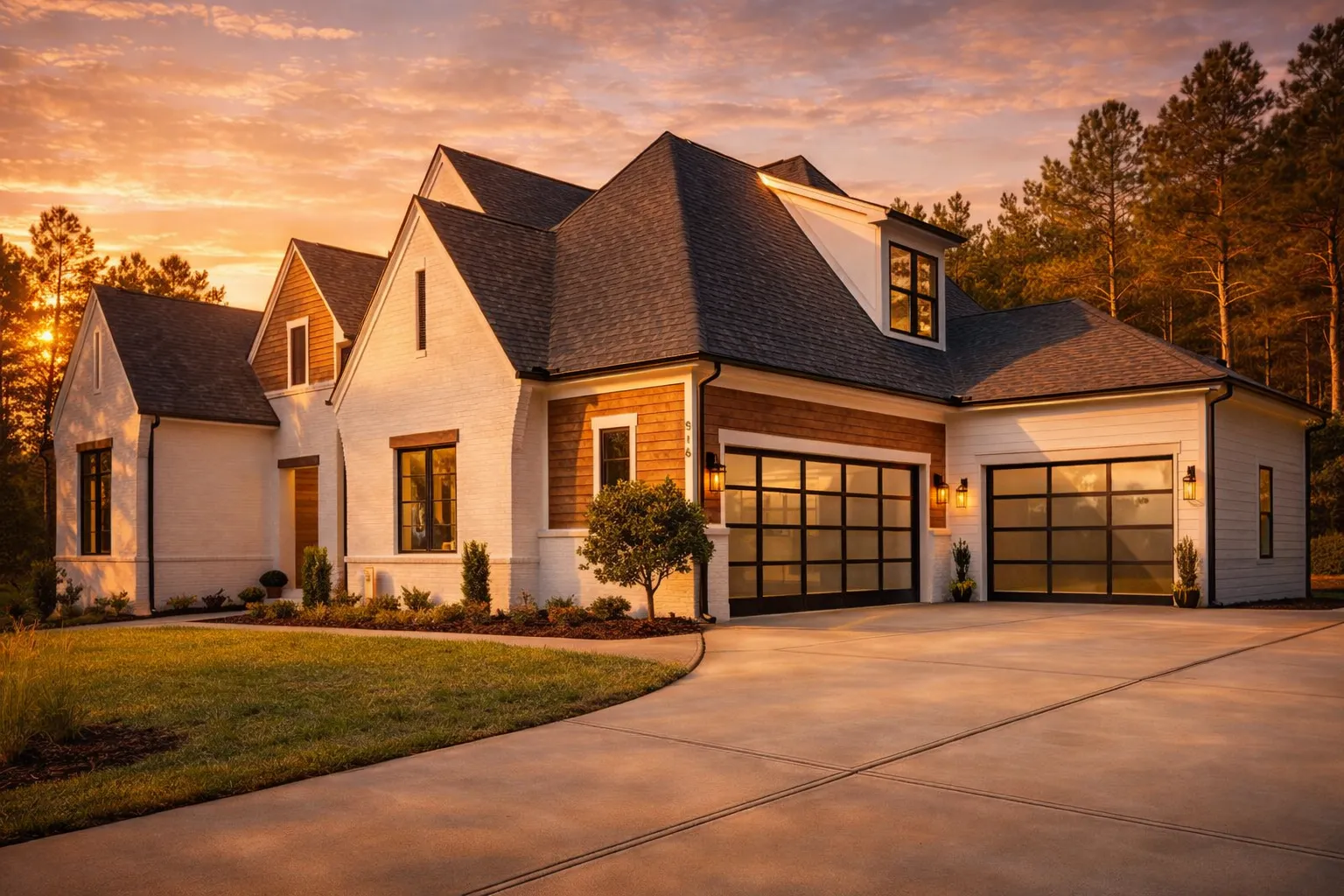 7 Bedroom House Plans 15 Front exterior view of a New American Modern Traditional house with painted brick, board and batten siding, black windows, and symmetrical gabled rooflines