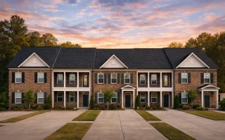 Front view of Georgian Colonial style brick townhome with symmetrical windows, colorful shutters, and classic entryways under a gabled roof